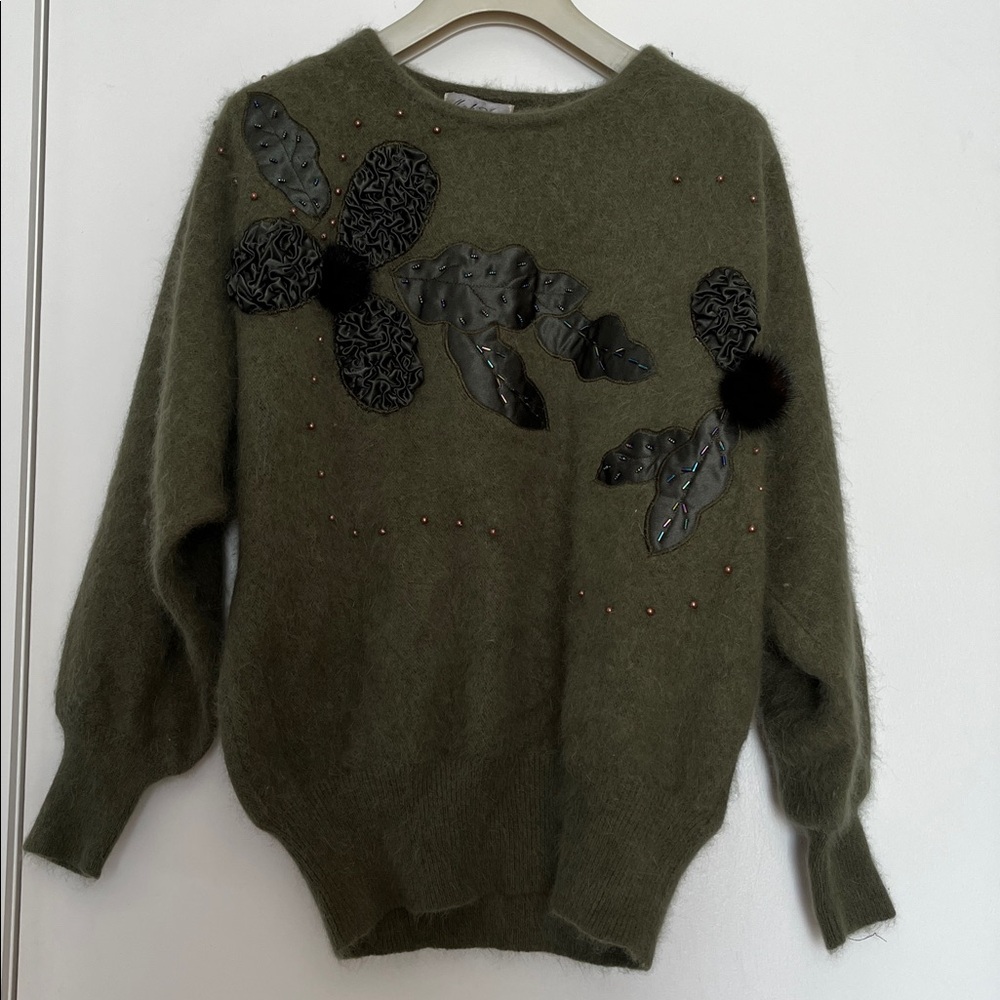 Mok Hwa Angora Olive Green Sweater With Black Floral Appliqu Size S-M